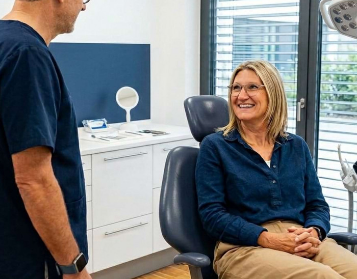 Ein Zahnarzt von ZZM in M&uuml;hlheim und Heitersheim ber&auml;t eine Patientin einf&uuml;hlsam zum Thema Sedierung und Vollnarkose