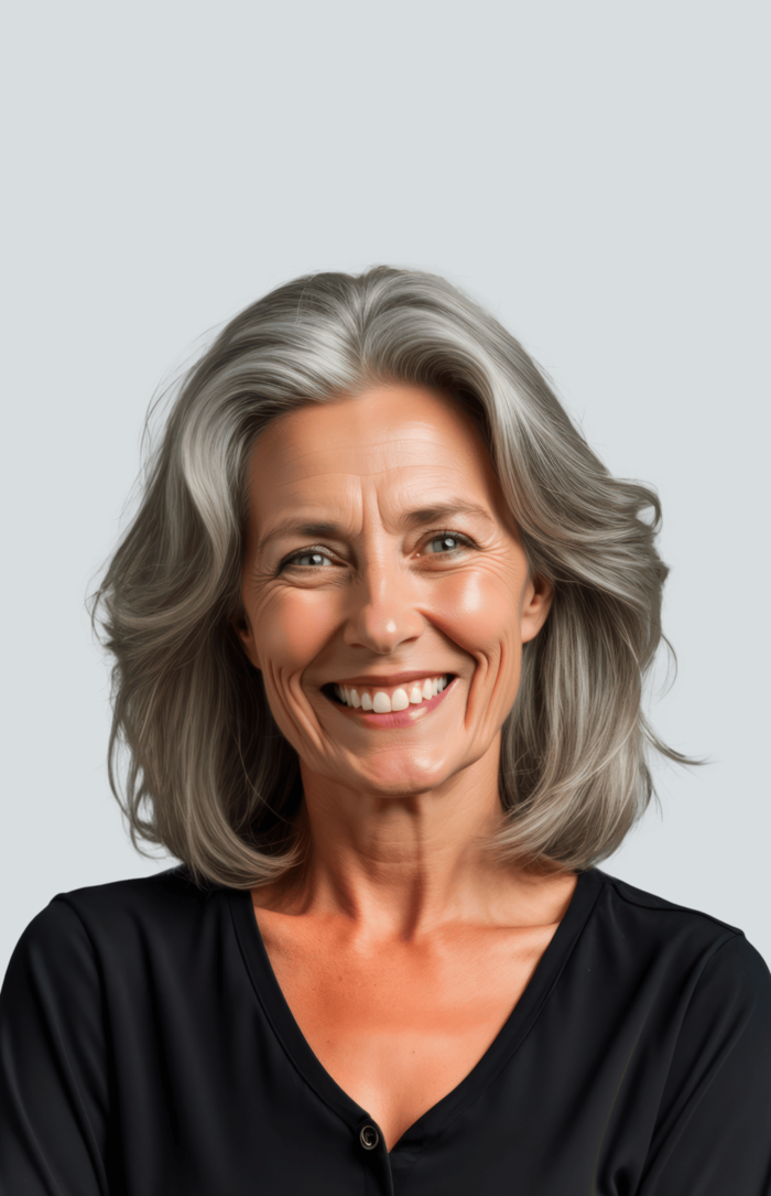 lachende Frau mit grauen Haaren