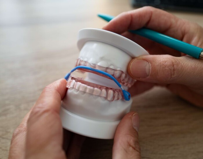 Nahaufnahme eines Zahnmodells mit Aliger.